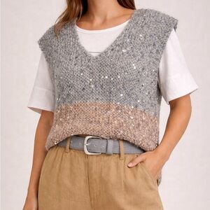 🧶 Hand Knitted V-Neck Sequin Vest in Grey and Taupe size medium